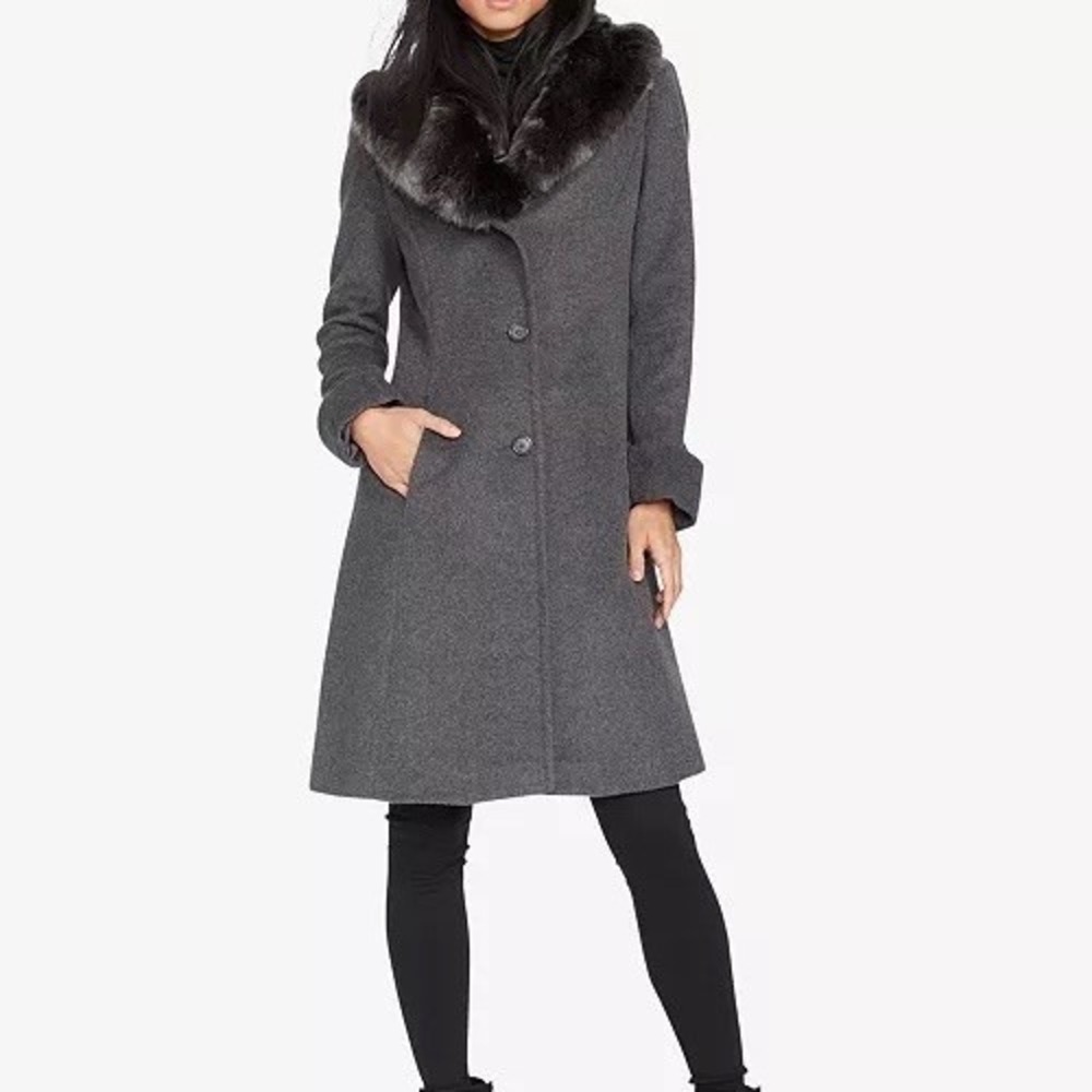 Lauren Ralph Lauren Gray Wool Blend Faux Fur Collar Coat Size 6 Penny Lane Coat - Picture 8 of 12